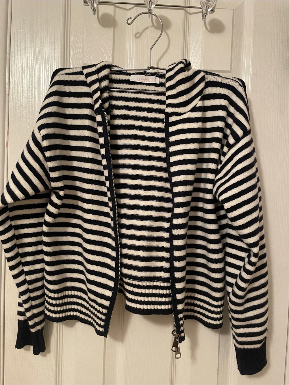 Striped Zip-Front Hooded Cardigan Sweater - Dark Blue & White
